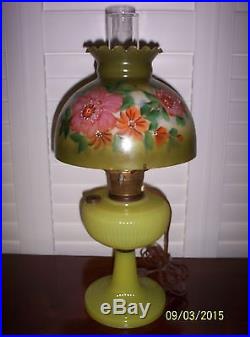 Aladdin Oil Lamp Yellow Vertique Moonstone with Hand Painted Glass Shade Converted