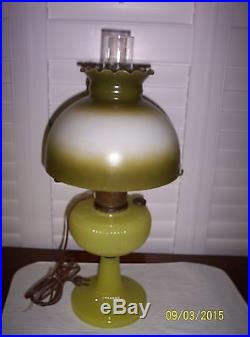 Aladdin Oil Lamp Yellow Vertique Moonstone with Hand Painted Glass Shade Converted