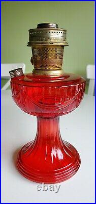 Aladdin Red Ruby Short Lincoln Drape 1979 Glass Lamp Fount and Model 23 Burner