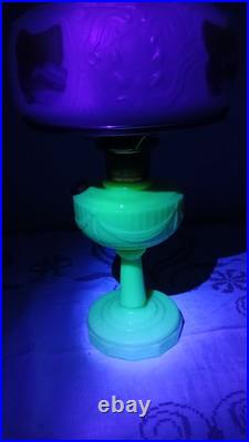 Aladdin Uranium Alacite Glass Tall Lincoln Drape Oil Lamp & Burner Chimney Shade