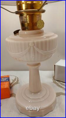 Aladdin Uranium Alacite Glass Tall Lincoln Drape Oil Lamp & Burner Chimney Shade