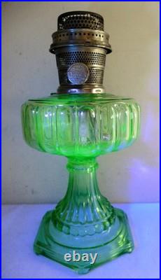 Aladdin Uranium Glass Green Cathedral 1934 #108 Lamp withNickle Model B Burner