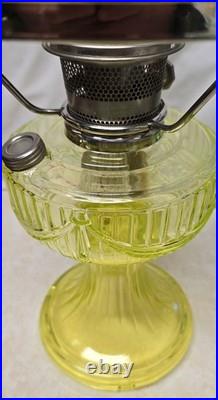 Aladdin Vaseline Uranium Glass Short Lincoln Drape Oil Lamp Signed & Glows 2004