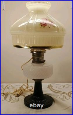 Aladdin White Black Diamond Quilt Table Lamp B-90 with Floral Shade Elec. Burner