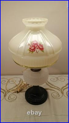 Aladdin White Black Diamond Quilt Table Lamp B-90 with Floral Shade Elec. Burner