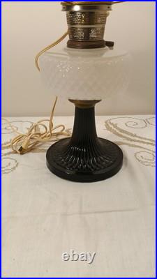 Aladdin White Black Diamond Quilt Table Lamp B-90 with Floral Shade Elec. Burner