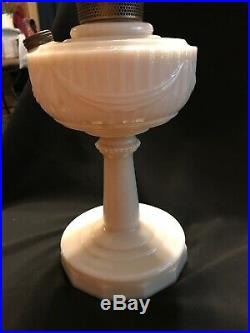 Aladdin White Lincoln Drape Kerosene Oil Lamp 1940s. 25 Inch With Wood Display