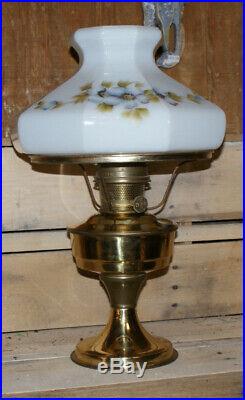Aladdin brass Kerosene Oil Lamp Milk glass Shade Hand Painted Flowers