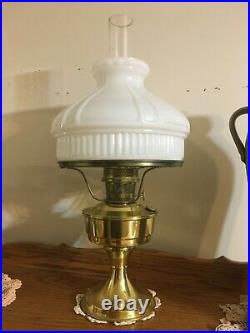 Aladdin kerosene oil table lamp brass Milk glass shade original chimney