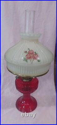 Aladdin lamp Ruby Red Lincoln Drape glass base With Red Roses glass shade