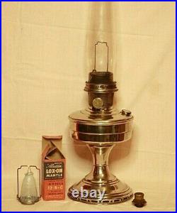 Aladdin model12 lamp, wick cleaner, original Pyrex green print Globe, NOS mantle