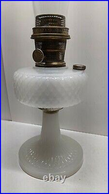 Aladdin white moonstone Diamond Quilt oil/kerosene lamp, burner, chimney RARE