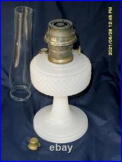 Aladdin white moonstone Diamond Quilt oil/kerosene lamp, burner, chimney & extra