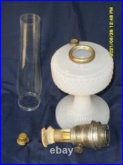 Aladdin white moonstone Diamond Quilt oil/kerosene lamp, burner, chimney & extra
