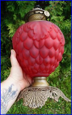 Antique 1890s Pittsburgh RED SATIN Glass Oil Lamp Grape Pattern ORIGINAL