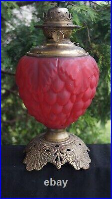 Antique 1890s Pittsburgh RED SATIN Glass Oil Lamp Grape Pattern ORIGINAL