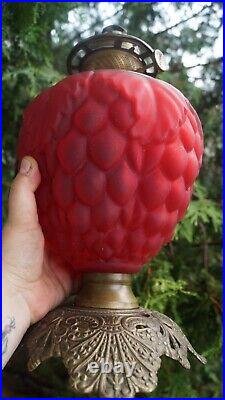 Antique 1890s Pittsburgh RED SATIN Glass Oil Lamp Grape Pattern ORIGINAL