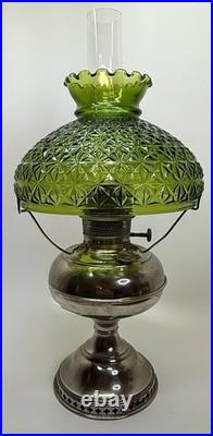 Antique 1905Rayo Aladdin Oil Lamp with Emerald Green Glass Hurricane Shade 20.5