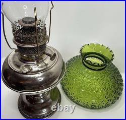 Antique 1905Rayo Aladdin Oil Lamp with Emerald Green Glass Hurricane Shade 20.5