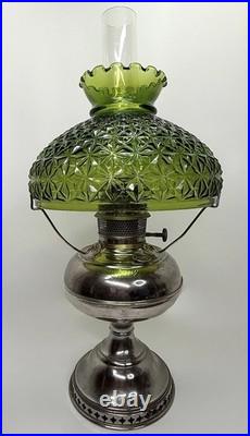 Antique 1905Rayo Aladdin Oil Lamp with Emerald Green Glass Hurricane Shade 20.5