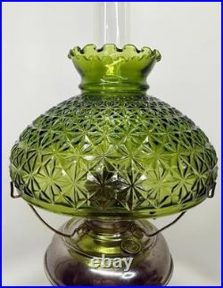 Antique 1905Rayo Aladdin Oil Lamp with Emerald Green Glass Hurricane Shade 20.5
