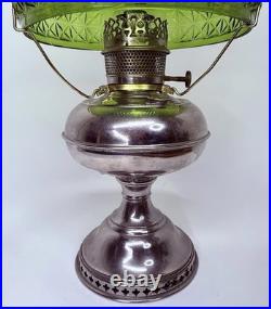 Antique 1905Rayo Aladdin Oil Lamp with Emerald Green Glass Hurricane Shade 20.5