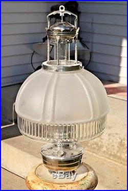 Antique 1920's Aladdin Frosted Crystal Shade & Nickle Kerosene Oil Hanging Lamp