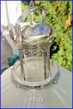 Antique 1920's Aladdin Frosted Crystal Shade & Nickle Kerosene Oil Hanging Lamp