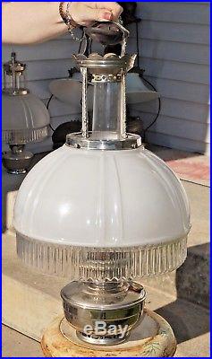 Antique 1920s Aladdin Frosted Crystal Shade & Nickle Kerosene Oil Hanging Lamp