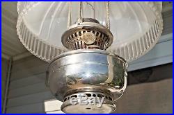 Antique 1920s Aladdin Frosted Crystal Shade & Nickle Kerosene Oil Hanging Lamp