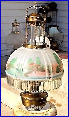 Antique 1920s Aladdin Reverse Painted Glass & Bronze Kerosene Oil Hanging Lamp