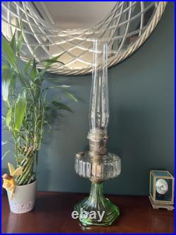 Antique 1930's Aladdin URANIUM Corinthian B105 Crystal Clear/Green Foot Oil Lamp