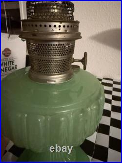 Antique 1930s Aladdin Oil Lamp Cathedral Pattern Jadeite Jade Green EUC