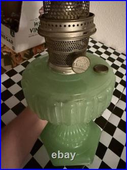 Antique 1930s Aladdin Oil Lamp Cathedral Pattern Jadeite Jade Green EUC