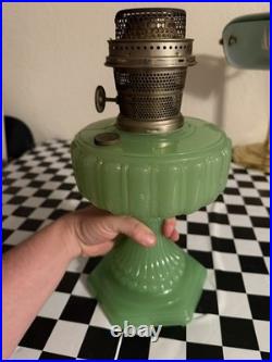 Antique 1930s Aladdin Oil Lamp Cathedral Pattern Jadeite Jade Green EUC