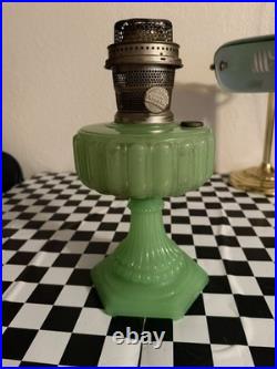 Antique 1930s Aladdin Oil Lamp Cathedral Pattern Jadeite Jade Green EUC