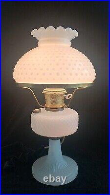 Antique 1937 Aladdin White Moonstone Art Glass Diamond Quilt Oil Lamp & Chimney