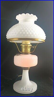 Antique 1937 Aladdin White Moonstone Art Glass Diamond Quilt Oil Lamp & Chimney