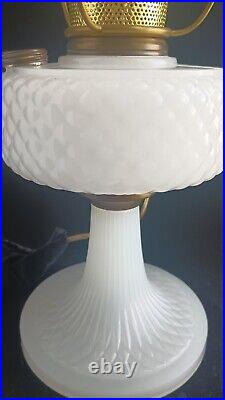 Antique 1937 Aladdin White Moonstone Art Glass Diamond Quilt Oil Lamp & Chimney