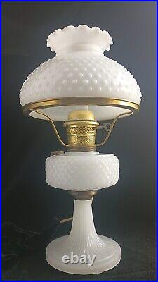 Antique 1937 Aladdin White Moonstone Art Glass Diamond Quilt Oil Lamp & Chimney