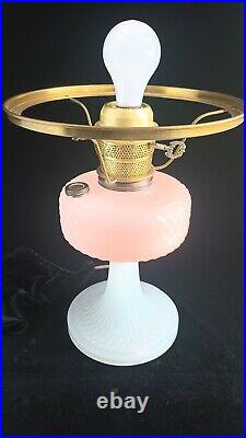 Antique 1937 Aladdin White Moonstone Art Glass Diamond Quilt Oil Lamp & Chimney