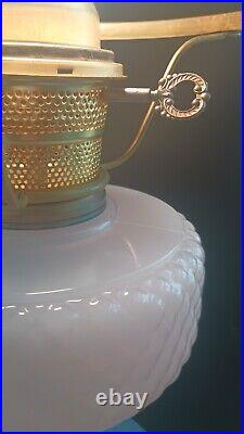 Antique 1937 Aladdin White Moonstone Art Glass Diamond Quilt Oil Lamp & Chimney