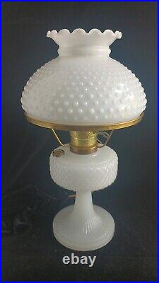 Antique 1937 Aladdin White Moonstone Art Glass Diamond Quilt Oil Lamp & Chimney