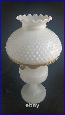 Antique 1937 Aladdin White Moonstone Art Glass Diamond Quilt Oil Lamp & Chimney