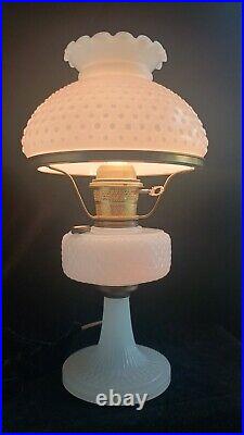 Antique 1937 Aladdin White Moonstone Art Glass Diamond Quilt Oil Lamp & Chimney