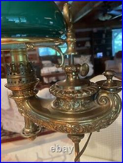 Antique 28 Harvard Aladdin Oil Lamp Heavy Brass Green Glass Kerosene VTG Electr