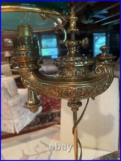 Antique 28 Harvard Aladdin Oil Lamp Heavy Brass Green Glass Kerosene VTG Electr