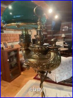 Antique 28 Harvard Aladdin Oil Lamp Heavy Brass Green Glass Kerosene VTG Electr