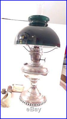 Antique ALADDIN Kerosene Oil Table Lamp Model No 6 Green shade Crescent chimney