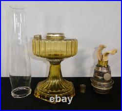 Antique ALADDIN Model-B Corinthian AMBER GLASS Oil Lamp. Chimney, Burner, Base